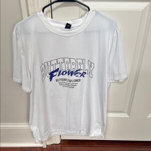 White T-Shirt with Blue Butterfly Print